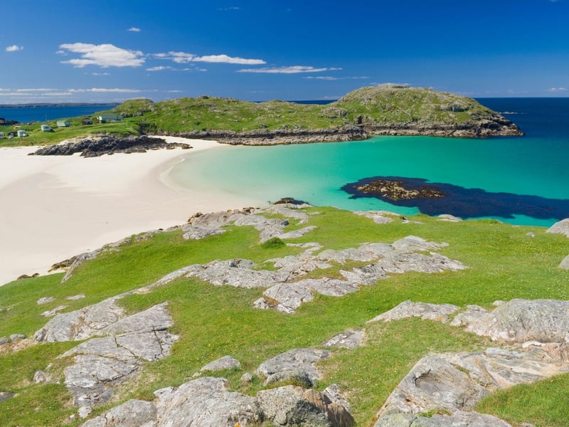 Achmelvich Bay is a stunning, Blue Flag awarded white sandy beach on the rural west coast. With a caravan and camping spot nearby, it is also popular with water skiers, windsurfers, kayakers, and fishers. A lively beach in the summer months, this has received 4,400 searches on average a month