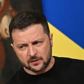 Ukrainian President Volodymyr Zelensky speaks during a joint press conference with Italy's Prime Minister, Giorgia Meloni following their meeting (Photo by ALBERTO PIZZOLI/AFP via Getty Images)