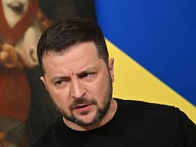 Ukrainian President Volodymyr Zelensky speaks during a joint press conference with Italy's Prime Minister, Giorgia Meloni following their meeting (Photo by ALBERTO PIZZOLI/AFP via Getty Images)
