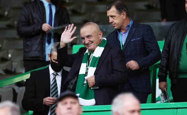 Albanian president Ilir Meta waves to the Celtic fans.