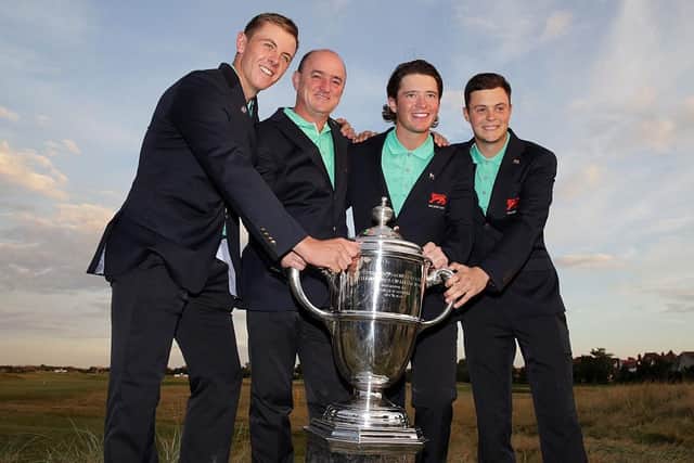 Jack McDonald, far right, celebrates being part of GB&I's Walker Cup win at Royal Lytham in 2015 with fellow Scots Grant Forrest, far left, Ewen Ferguson, second right, and team captain Nigel Edwards. Picture: Clint Hughes/Getty Images.