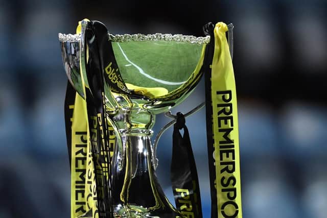 The Premier Sports Cup trophy pictured during Kilmarnock's quarter-final win over Dundee United at Rugby Park. (Photo by Ross MacDonald / SNS Group)