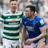 Celtic's Callum McGregor and Rangers' John Souttar display betting logos on the front of their strips during the recent Old Firm clash.  (Photo by Craig Williamson / SNS Group)