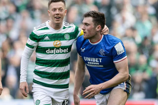 Celtic's Callum McGregor and Rangers' John Souttar display betting logos on the front of their strips during the recent Old Firm clash.  (Photo by Craig Williamson / SNS Group)