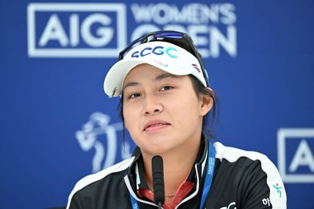 Atthaya Thitikul of Thailand talks to the media during a press conference ahead of the AIG Women's Open at Muirfield. Picture: Octavio Passos/Getty Images.