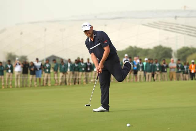 David Drysdale reacts to seeing his putt to win the 2020 Commercial Bank Qatar Masters narrowly miss at the 72nd hole before losing to Spaniard Jorge Campillo at the fifth extra hole at Education City Golf Club in Doha. Picture: Warren Little/Getty Images.