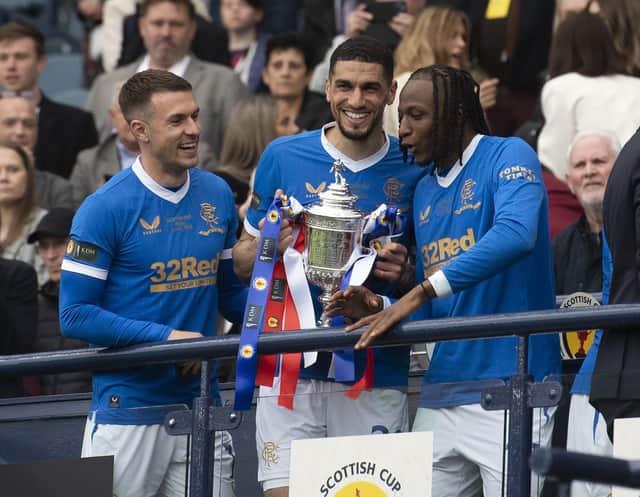 Leon Balogun, centre, helped Rangers win the Scottish Cup.