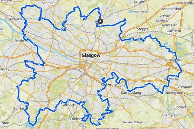 The 75-mile ride round the Glasgow boundary is being made clockwise from the eastern edge. Picture: Maplibre/Komoot/OpenStreetMap