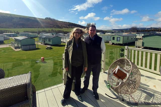 MSP Rachael Hamilton and business owner Frank Maguire in the grounds of Cockburnspath Holiday Park