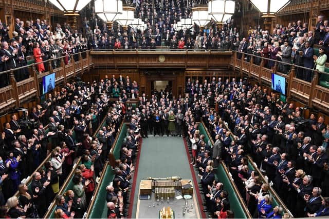 Ukrainian President Volodymyr Zelensky addresses MPs in the House of Commons via videolink on Tuesday March 8, 2022