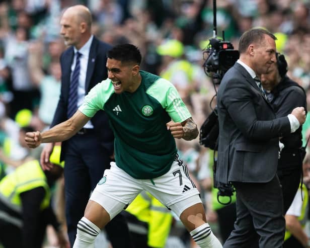 Celtic manager Brendan Rodgers celebrates his side going 2-0 ahead against Rangers.
