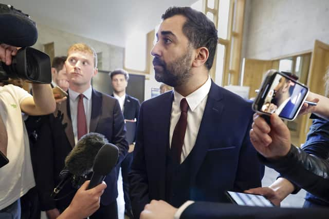 First Minister Humza Yousaf speaks to journalists in the Scottish Parliament. Picture: Jeff J Mitchell/Getty Images