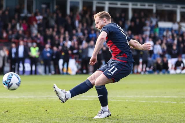 Josh Sims scores the winning penalty for Ross County in the Premiership play-off final.  (Photo by Craig Williamson / SNS Group)