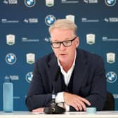 DP World Tour chief executive Keith Pelley speaks  during a press conference prior to the BMW PGA Championship at Wentworth. Picture: Luke Walker/Getty Images.
