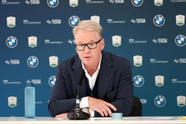 DP World Tour chief executive Keith Pelley speaks  during a press conference prior to the BMW PGA Championship at Wentworth. Picture: Luke Walker/Getty Images.