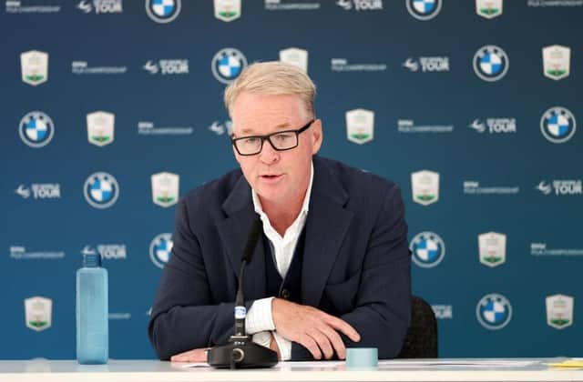 DP World Tour chief executive Keith Pelley speaks during a press conference prior to the BMW PGA Championship at Wentworth. Picture: Luke Walker/Getty Images.