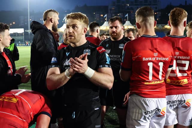 Disappointment for Glasgow Warriors captain Kyle Steyn following the defeat by Munster in the 2023 BKT United Rugby Championship quarter-final at Scotstoun Stadium, on May 06, 2023.  (Photo by Ross MacDonald / SNS Group)