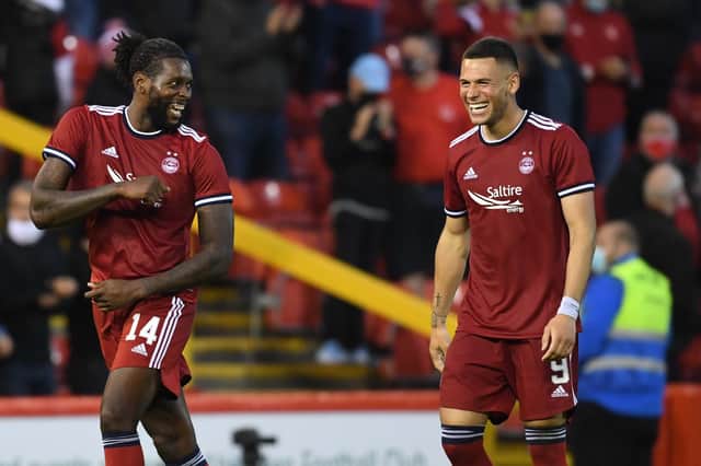 Christian Ramirez (right) with Aberdeen strike partner Jay Emmanuel-Thomas during Thursday's 5-1 win over BK Hacken (Photo by Craig Foy / SNS Group)