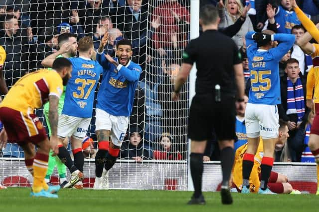 Rangers defender Connor Goldson appeals in vain for a penalty in the closing minutes of the 2-2 draw against Motherwell at Ibrox. (Photo by Craig Williamson / SNS Group)