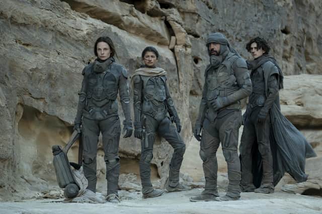 Rebecca Ferguson as Lady Jessica Atreides, Zendaya as Chani, Javier Bardem as Stilgar and Timothee Chalamet as Paul Atreides in Dune. PIC: Warner Bros.