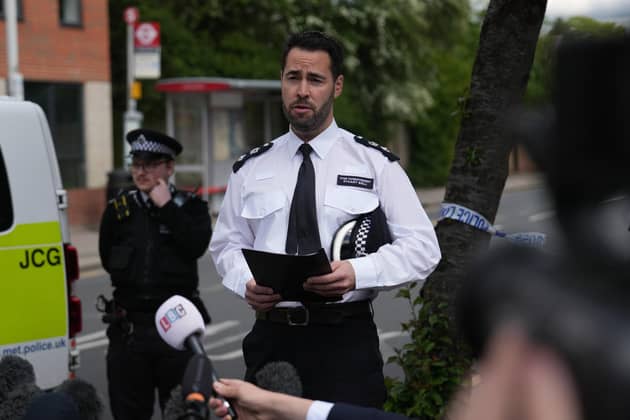 Chief Superintendent Stuart Bell speaks to the media as he confirms a 13-year-old boy, who was among the five injured, has died from his wounds in hospital after a sword attack in Hainault, east London. Photo: Carl Court/Getty Images