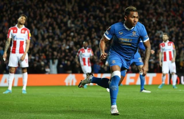 Alfredo Morelos turns away to celebrate putting Rangers 2-0 up against Red Star Belgrade at Ibrox with the 32nd Europa League goal of his career. (Photo by Alan Harvey / SNS Group)