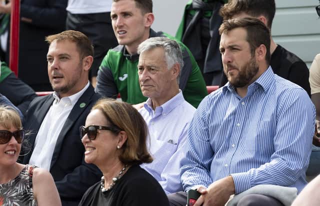 From left, Hibs chief executive Ben Kensell, owner Ron Gordon and head of recruitment Ian Gordon.