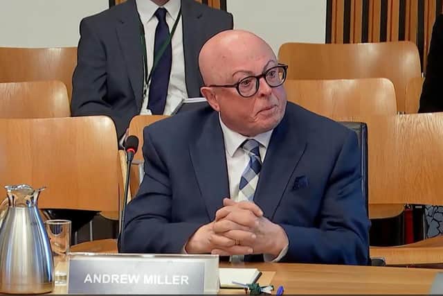 Ferguson Marine chair Andrew Miller appearing before Holyrood's net zero, energy and transport committee. (Photo by Scottish Parliament TV)