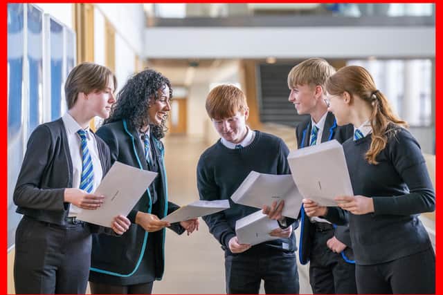 PABest Students (from left) Sophie Thwaites, Aaliyah McLaine, Michael Stewart, Aaron Boyack and Claire McNab at Auchmuty High School in Glenrothes, Fife, check their results as high school pupils across Scotland find out their exam results. Picture date: Tuesday August 9, 2022.
