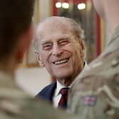 Prince Philip, The Duke Of Edinburgh in his capacity of Colonel, Grenadier Guards meets with officers from 1st Battalion Grenadier Guards before having a lunch in their Mess at Lille Barracks in Aldershot, England on March 30, 2017 (Photo by Matt Dunham - WPA Pool /Getty Images).