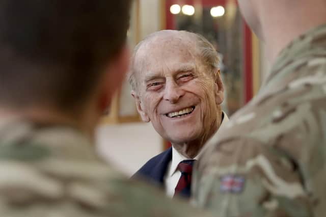 Prince Philip, The Duke Of Edinburgh in his capacity of Colonel, Grenadier Guards meets with officers from 1st Battalion Grenadier Guards before having a lunch in their Mess at Lille Barracks in Aldershot, England on March 30, 2017 (Photo by Matt Dunham - WPA Pool /Getty Images).