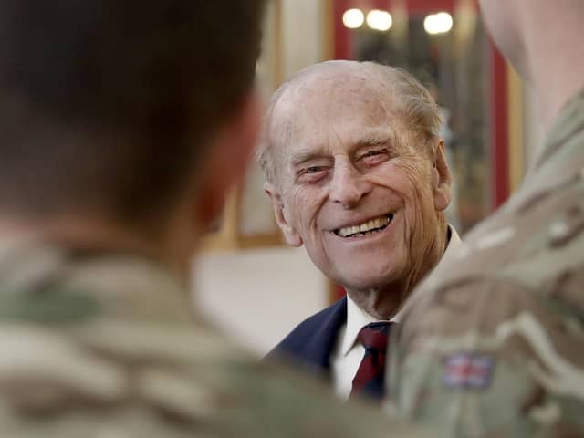 Prince Philip, The Duke Of Edinburgh in his capacity of Colonel, Grenadier Guards meets with officers from 1st Battalion Grenadier Guards before having a lunch in their Mess at Lille Barracks in Aldershot, England on March 30, 2017 (Photo by Matt Dunham - WPA Pool /Getty Images).