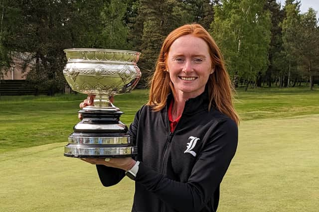 Aboyne's Carmen Griffiths shows off the trophy after winning the Scottish Women's Amateur Championship at Ladybank. Picture: Scottish Golf