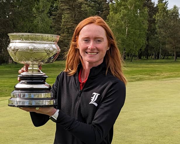 Aboyne's Carmen Griffiths shows off the trophy after winning the Scottish Women's Amateur Championship at Ladybank. Picture: Scottish Golf