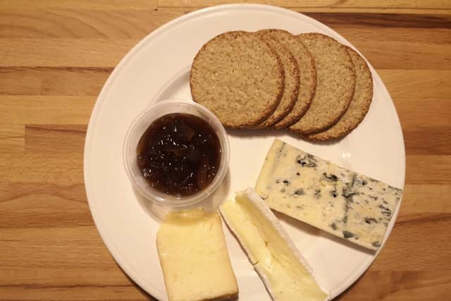 Our click and collect meal order from the Papermill, Lasswade. When will we three kinds of cheese meet again - Blue murder, a fromage made by Ruaridh Stone from Highland Fine Cheeses in Tain,  Morangie brie and Applewood smoked cheese.