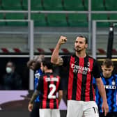 Ac Milan Swedish forward Zlatan Ibrahimovic celebrates after winning the Italian Serie A football match between Inter Milan and AC Milan at the San Siro stadium in Milan on October 17, 2020. (Photo by Miguel MEDINA / AFP) (Photo by MIGUEL MEDINA/AFP via Getty Images)