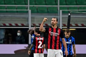 Ac Milan Swedish forward Zlatan Ibrahimovic celebrates after winning the Italian Serie A football match between Inter Milan and AC Milan at the San Siro stadium in Milan on October 17, 2020. (Photo by Miguel MEDINA / AFP) (Photo by MIGUEL MEDINA/AFP via Getty Images)