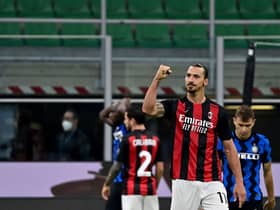 Ac Milan Swedish forward Zlatan Ibrahimovic celebrates after winning the Italian Serie A football match between Inter Milan and AC Milan at the San Siro stadium in Milan on October 17, 2020. (Photo by Miguel MEDINA / AFP) (Photo by MIGUEL MEDINA/AFP via Getty Images)