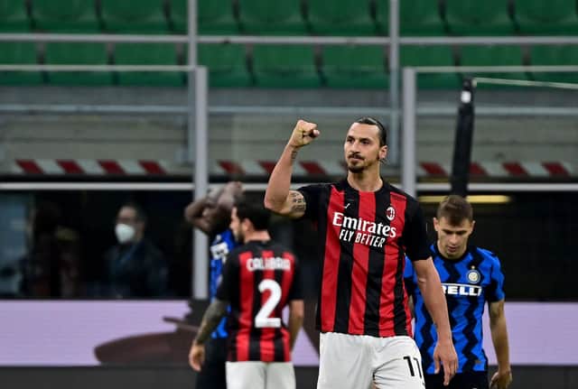 Ac Milan Swedish forward Zlatan Ibrahimovic celebrates after winning the Italian Serie A football match between Inter Milan and AC Milan at the San Siro stadium in Milan on October 17, 2020. (Photo by Miguel MEDINA / AFP) (Photo by MIGUEL MEDINA/AFP via Getty Images)