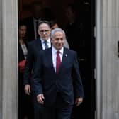 Israel's prime minister Benjamin Netanyahu leaves 10 Downing Street after meeting Britain's Prime Minister, Rishi Sunak.
