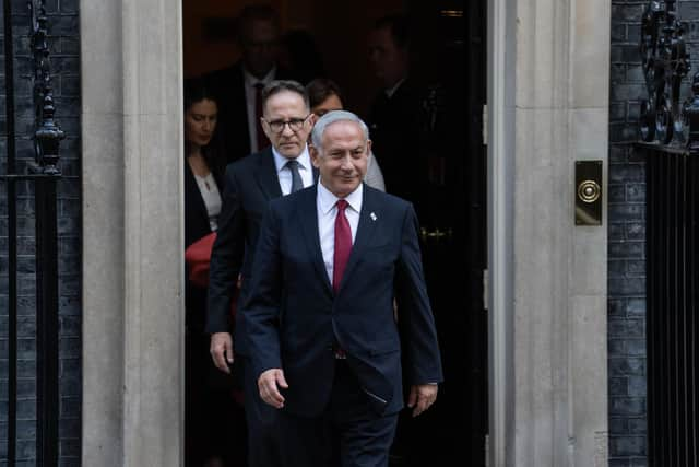 Israel's prime minister Benjamin Netanyahu leaves 10 Downing Street after meeting Britain's Prime Minister, Rishi Sunak.