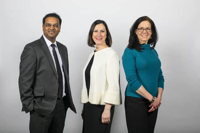 Claudia Cavalluzzo, executive director at Converge, and Converge Challenge winners from 2021 and 2020 respectively (Mallik Chityala of Fitabeo Therapeutics and Genevieve Patenaude of Earth Blox).
