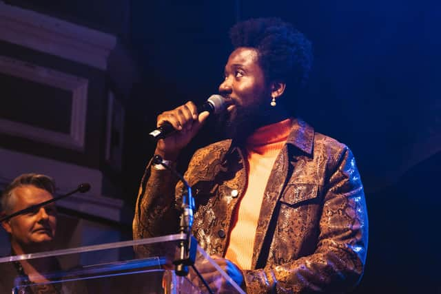 Young Fathers star Alloysious Massaquoi after picking up the Scottish Album of the Year Award.