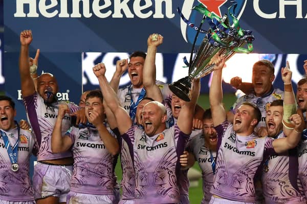 Exeter Chiefs, with Sam Skinner in the team, celebrate their Champions Cup final win over Racing 92 in 2020. (Photo by David Rogers/Getty Images)