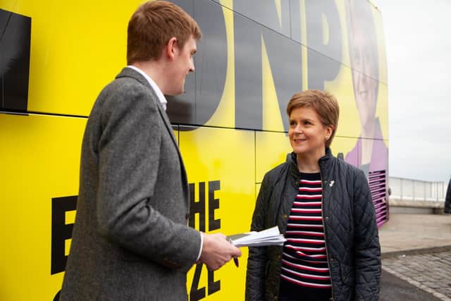 Political editor Alistair Grant interviewing Nicola Sturgeon at the launch of the SNP's campaign bus