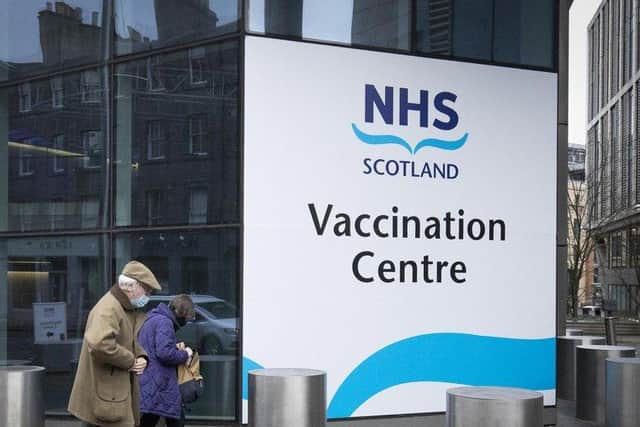 The main entrance to the coronavirus mass vaccine centre at the Edinburgh International Conference Centre.