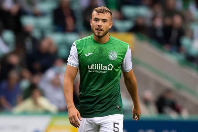 Hibs' Ryan Porteous in action during the Conference League qualifying tie against Rijeka. Photo by Craig Foy / SNS Group