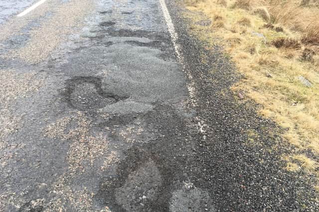 The poor state of the A836 between Tongue and Bettyhill on Friday. Picture: Pete Malone