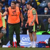 South Africa's director of rugby Rassie Erasmus (centre) was on the sidelines as a water boy during the Autumn Nations Series match against Scotland at Murrayfield. (Photo by Stu Forster/Getty Images)
