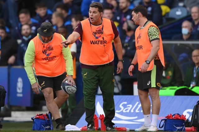 South Africa's director of rugby Rassie Erasmus (centre) was on the sidelines as a water boy during the Autumn Nations Series match against Scotland at Murrayfield. (Photo by Stu Forster/Getty Images)